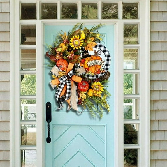 Fall Wreaths for Front Door 14 inch White Buffalo Check Autumn Pumpkin Wreath Fall Decorations for Halloween Thanksgiving Harvest Farmhouse Outdoor Wall Window Door Hanger