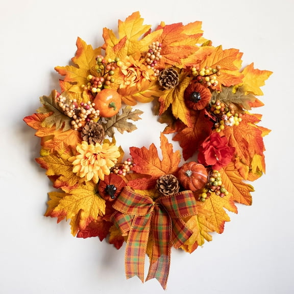 Fall Wreaths for Front Door, 20inch Artificial Maple Leaf Wreath with Pumpkins Pinecones Berries and Bow, Halloween Wreath for Indoor Outdoor Farmhouse Home Wall Window Decor