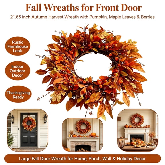 Fall Wreaths for Front Door - 21.65 Inch Autumn Harvest Wreath Mixed Foliage with Pumpkin, Maple Leaves and Berries, Farmhouse Rustic Outdoor Indoor Wall Decor, Thanksgiving Large Fall Door Wreath