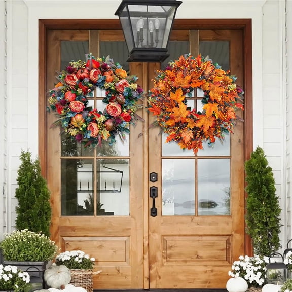 Fall Wreaths for Front Door, 22-24" Inch Fall Wreaths with Maple Leaves and Orange Red Berries, UV Resistant Seasonal Decor for Farmhouse Porch Thanksgiving & Harvest Festival