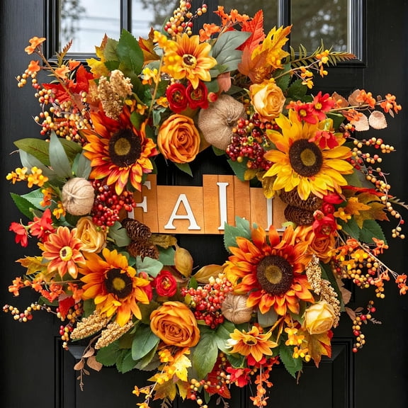 Fall Wreaths For Front Door, 24 Inch Autumn Wreath With Sunflowers Roses Burlap Pumpkins Pinecones Wooden Sign, Artificial Door Wreath For Outdoor Indoor Harvest Thanksgiving Home Decor Orange Brown