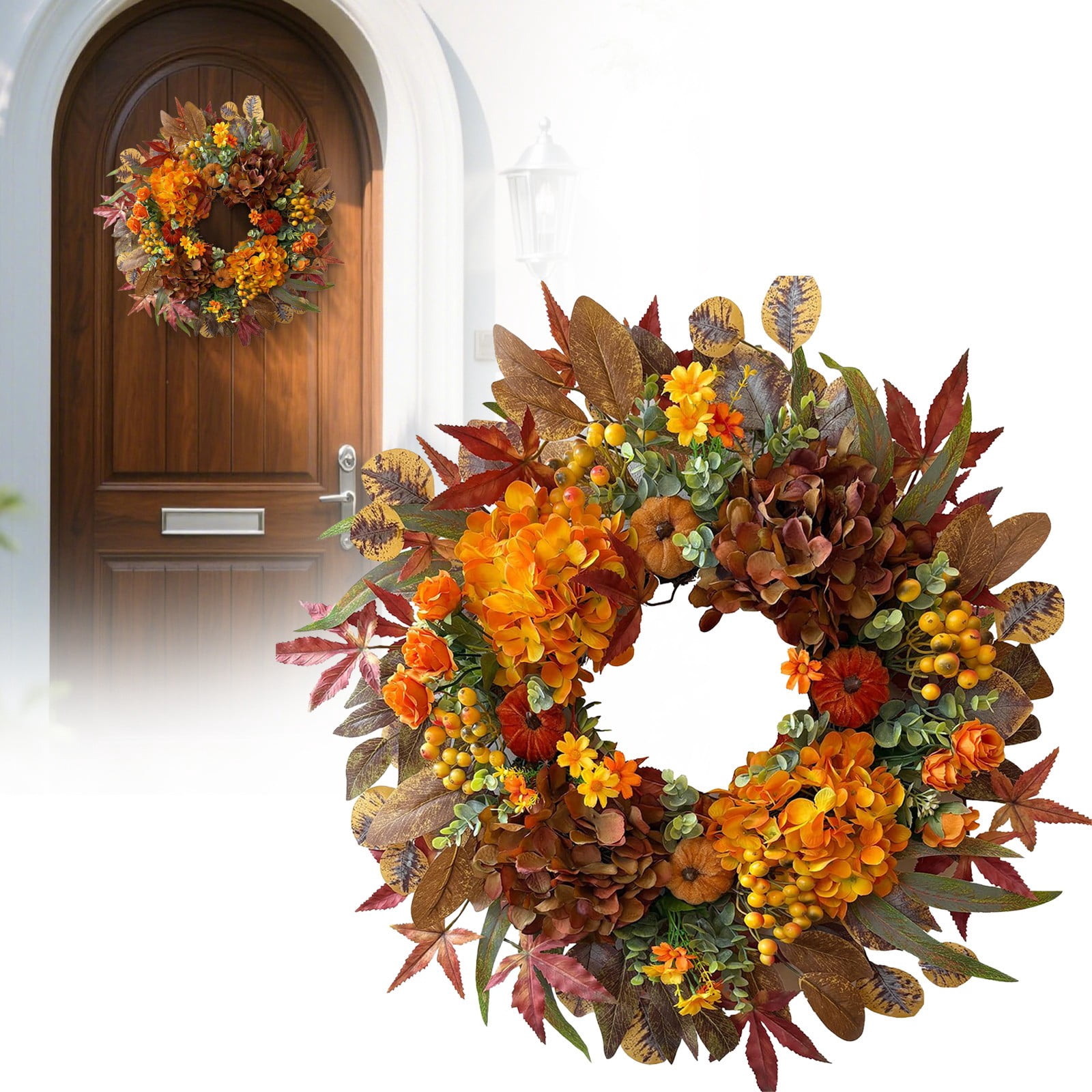 Fall Wreaths for Front Door, 24 Inch Orange Autumn Door Wreath With ...