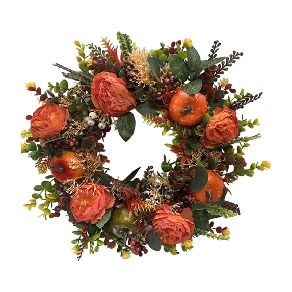 Fall Wreaths for Front Door, Farmhouse Autumn Wreath with Roses Berries Pumpkin Decorations, Fall Door Wreath Outdoor Indoor Thanksgiving Harvest Fall Decor (S, 12")