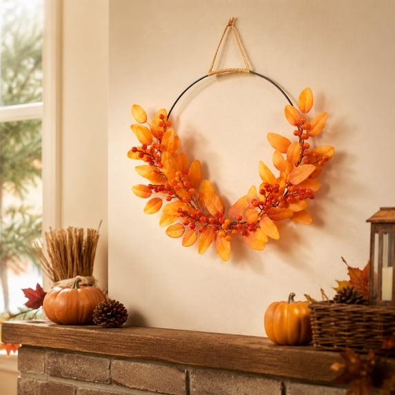 Fall Wreaths for Front Door, Metal Hoop Fall Wreath with Orange Leaves Red Berries, Front Door Wreaths for Summer Door Decor Fall Wedding Decor Thanksgiving Harvest Home Decor, 16.92 Inch by XSAOP