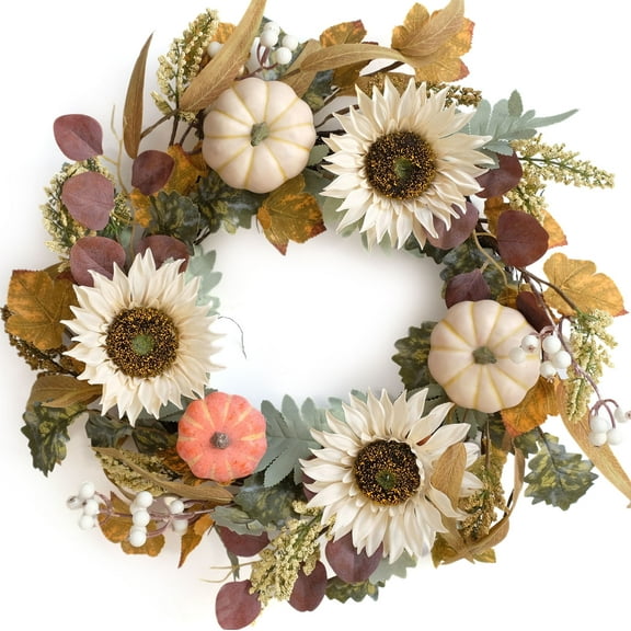 20" White Sunflower Artificial Pumpkins Fall Wreath - Green & Yellow Leaves for Front Door Outside, Halloween Wreath, Fall Decorations for Home