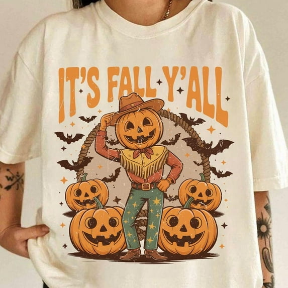 It'S Fall Y'All Pumpkins T-Shirt, Vintage Halloween Pumpkin T-Shirt, Fall T-Shirt, Pumpkin Cowboy T-Shirt, Western Halloween T-Shirt, Fall Season Shirt