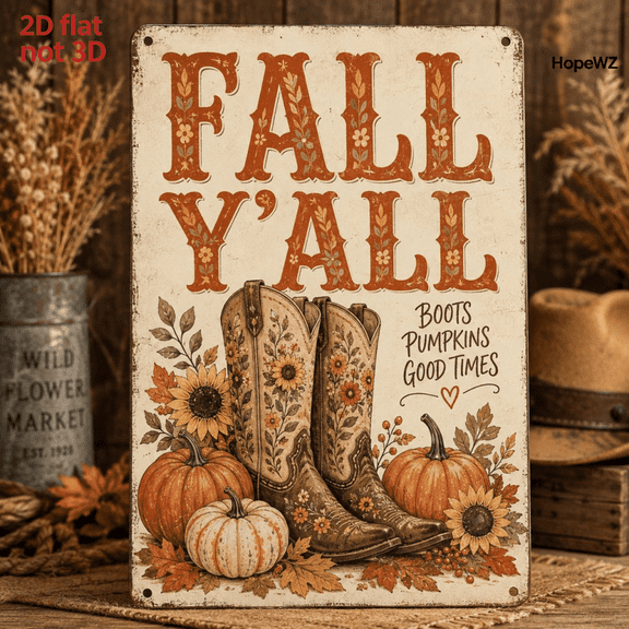 Fall Y'all Metal Tin Sign, 8x12 Inch Vintage Cowboy Boots Pumpkins Sunflowers Wall Decor, Rustic Western Farmhouse Fall Autumn Home Decoration