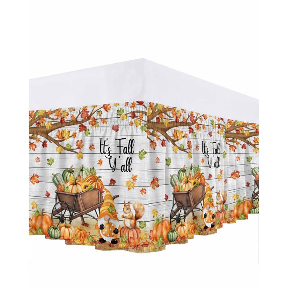 It's Fall Yall Bed Skirt Queen Size 16 Inch Drop, Thanksgiving Gnome Pumpkins Leaf Wood Texture Wrap Around Dust Ruffle Bedskirts, Wrinkle & Fade Resistant Easy Fit Bedskirt with Adjustable Elastic