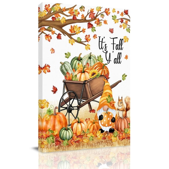 It's Fall Yall Canvas Wall Art for Living Room, Thanksgiving Gnome Squirrel Pumpkin Leaf Poster Print Painting for Bedroom Office Home Decoration Wall Pictures Prepare To Hang 16"x24"