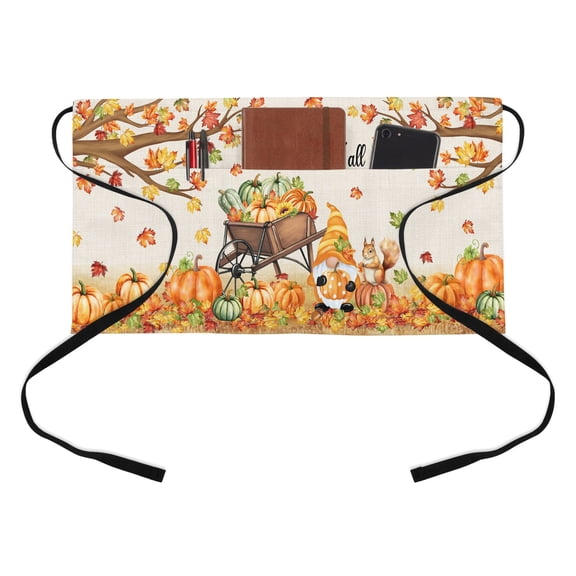 It's Fall Yall Kitchen Restaurant Half Waist Apron, Thanksgiving Gnome Pumpkin Leaf Linen Texture Server Short Apron with 3 Pockets Waterproof Oil Waist Aprons for Women Waitress Waiter