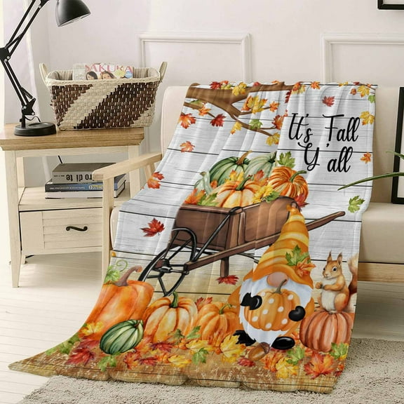 It's Fall Yall Throw Flannel Blanket 50x60In Thanksgiving Gnome Pumpkins Leaf Wood Texture Super Soft Cozy Bed Blanket, Lightweight Plush Fuzzy Bed Throw for Bedroom Sofa Couch Living Room