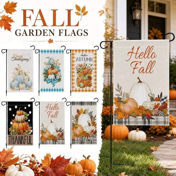 Fall Yard Flag, Thanksgiving Outdoor Decorations, Blue Pumpkin Fall Decor for Farmhouse, Autumn Garden Decor Outdoor, 18X12 Inch Water Resistant Burlap Welcome Flag with Happy