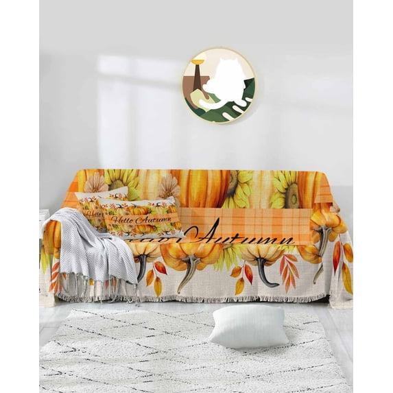 Fall Yellow Orange Pumpkins Sofa Covers for 3 Cushion Couch,Washable Sectional & L Shape Couch Covers for Dog/Cat/Kid,Autumn Thanksgiving Sunflower Non Slip Sofa Slipcover Tassel Futon Cover 71x150