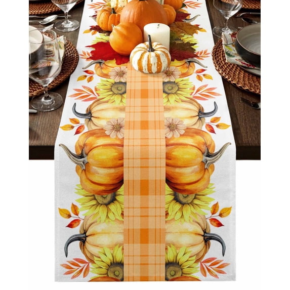 Fall Yellow Orange Pumpkins Table Runner-Cotton Linen- 70 Inch Holiday Dresser Scarves, Thanksgiving Sunflower Maple Leaf Tablerunner for Kitchen Coffee/Dining Living Room Dinner Scarf Décor 13x70