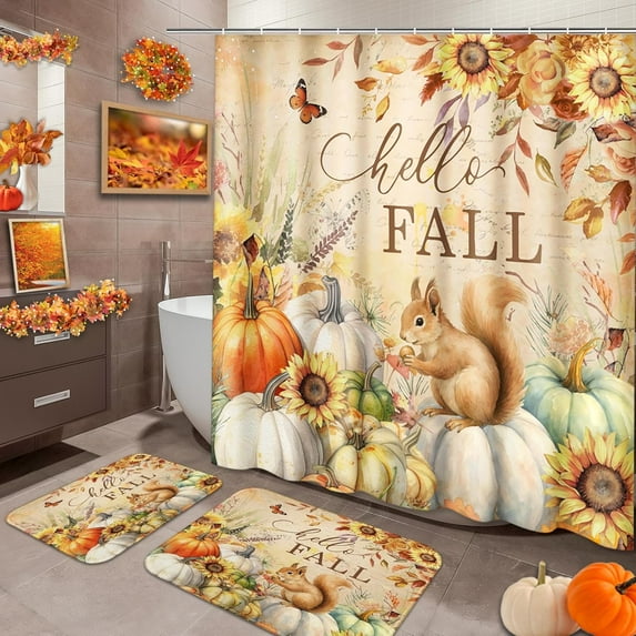 Fall Yellow Sunflower Orange Pumpkins Bathroom Set with Shower Curtain Sets and Rugs and Accessories Orange Maple Leaf Bird Red Fruit Shower Curtain Set Bathroom Decor 3 Pcs