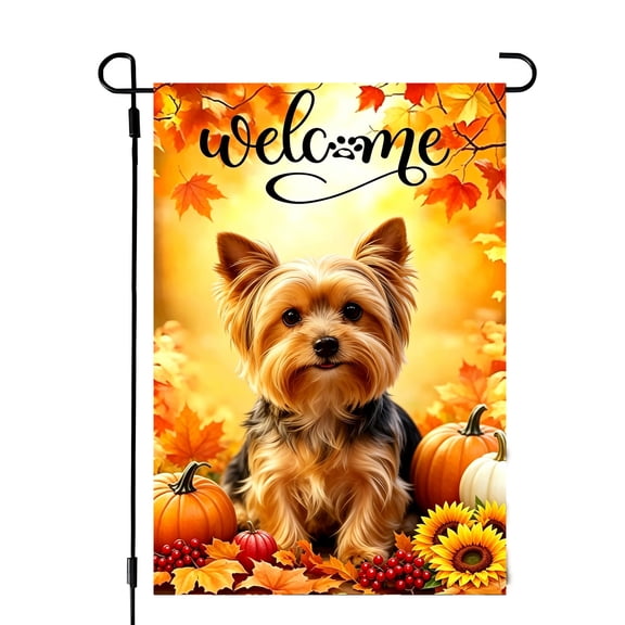 Fall Yorkie Dog Welcome Garden Flags Outside 12x18 Double Sided | Burlap Autumn Dog Pumpkin Design, Holiday Thanksgiving Outdoor Yard Decorations, Farmhouse Porch Garden Decor