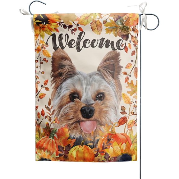 Fall Yorkshire Garden Flag 12x18 Double Sided, Autumn Welcome Cute Dog Maple Leaves Pumpkin Harvest Holiday Decorative Yard Flags Outdoor Banner Farmhouse Outside Decor