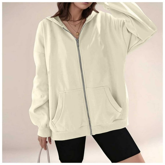 Fall Zipper Long Sleeve Hoodie, Hooded Sweatshirt Top, Outdoor Wear, Polyester   Spandex, Beige M, Size S-XXXL