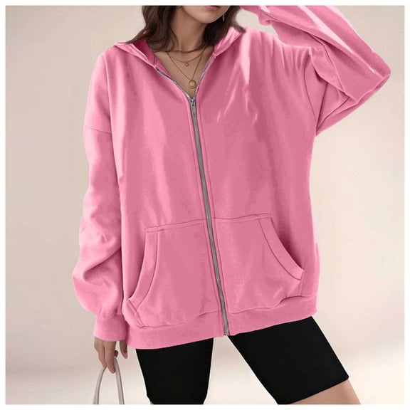 Fall Zipper Long Sleeve Hoodie, Hooded Sweatshirt Top, Outdoor Wear, Polyester   Spandex, Pink M, Size S-XXXL