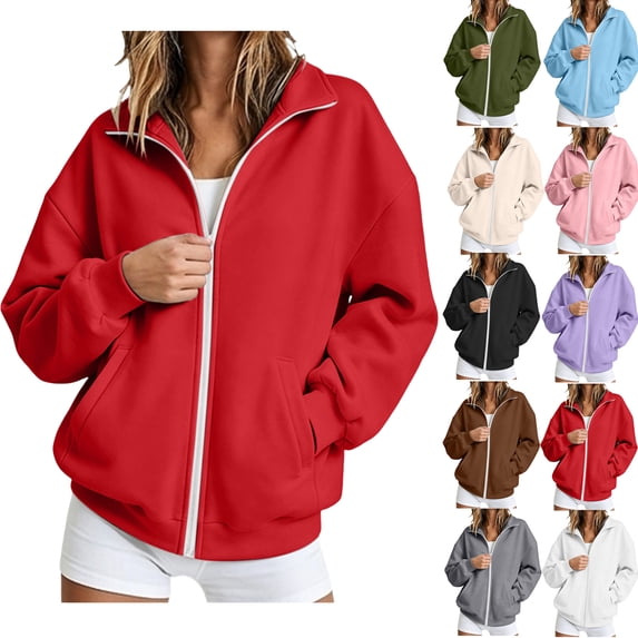 Fall Zipper Up Hoodies Sweatshirts for Women Plus Size Fashion Lightweight Fleece Side Pocket Drop Shoulder Long Sleeve Hooded Sweatshirt Jacket Top
