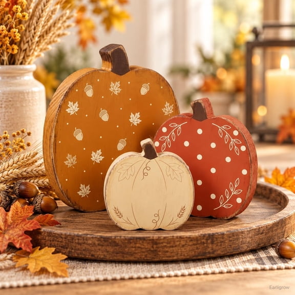 Fall decor,Wooden Pumpkin Decor Set of 3,6.7-Inch Farmhouse Rustic Fall Tabletop Ornaments with Leaf Acorn Carvings for Thanksgiving Halloween Centerpiece