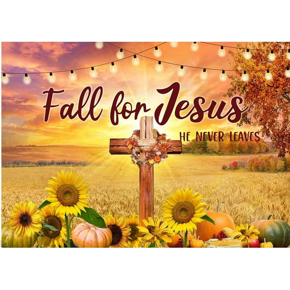 Fall for Jesus Backdrop Christian Autumn Harvest Cross Pumpkins Background Thanksgiving Religious Party Decorations Banner Photo Booth Props