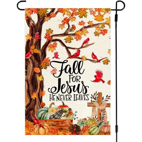 Fall for Jesus Garden Flag Double Sided for Outside, Autumn Maple He Never Leaves Cardinal Pumpkin Outdoor Seasonal Religious Yard Flag Porch Decor