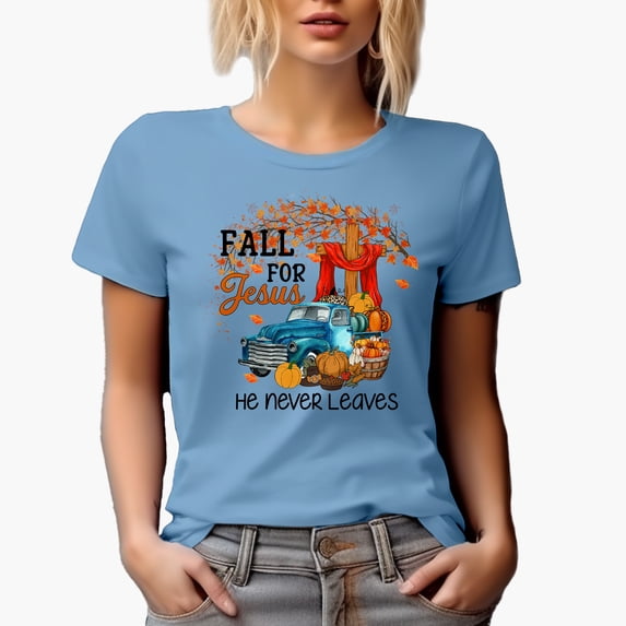 Fall for Jesus, He Never Leaves, Christian Autumn Art Merch Gift, Baby Blue T-Shirt, Large