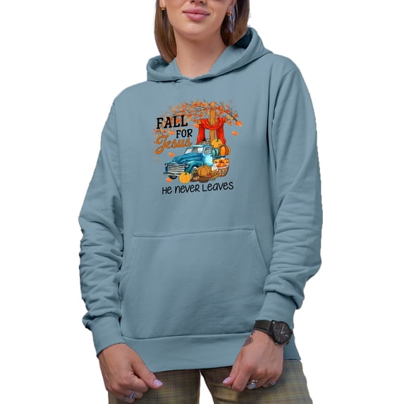 Fall for Jesus, He Never Leaves, Christian Autumn Art Merch Gift, Light Blue Hooded Sweatshirt or Hoodie, Large