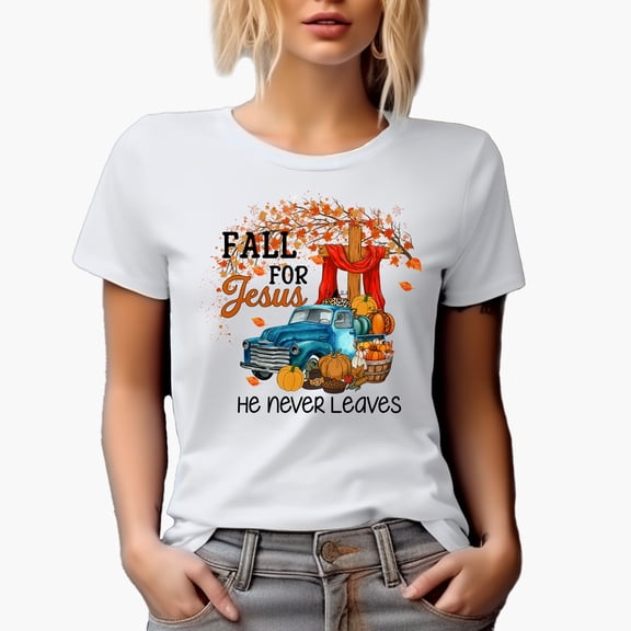 Fall for Jesus, He Never Leaves, Christian Autumn Art Merch Gift, White T-Shirt, XL