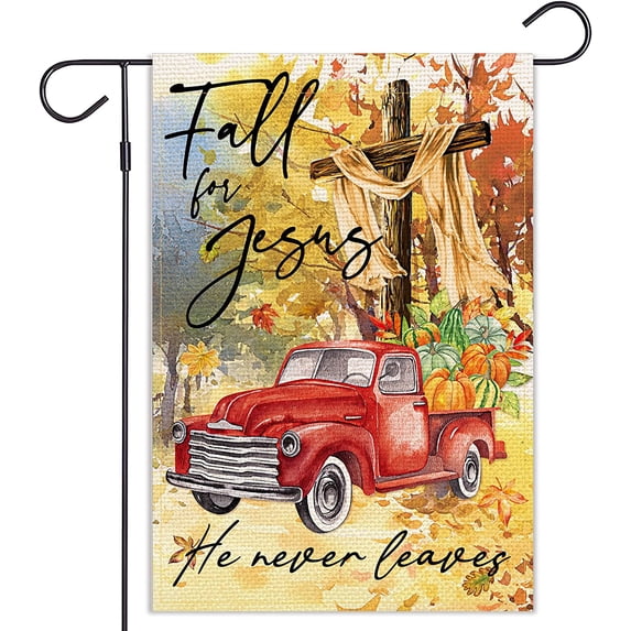 Fall for Jesus He Never Leaves Garden Flag Thanksgiving Vertical Double Sided Red Truck Autumn Fall Yard Outdoor Decor(Red Truck)