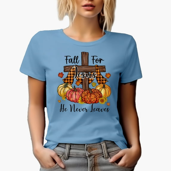 Fall for Jesus, He Never Leaves with Cross & Pumpkins, Autumn Art Merch Gift, Baby Blue T-Shirt, 3XL