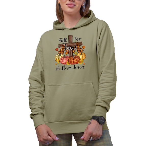 Fall for Jesus, He Never Leaves with Cross & Pumpkins, Autumn Art Merch Gift, Sand Hooded Sweatshirt or Hoodie, XL
