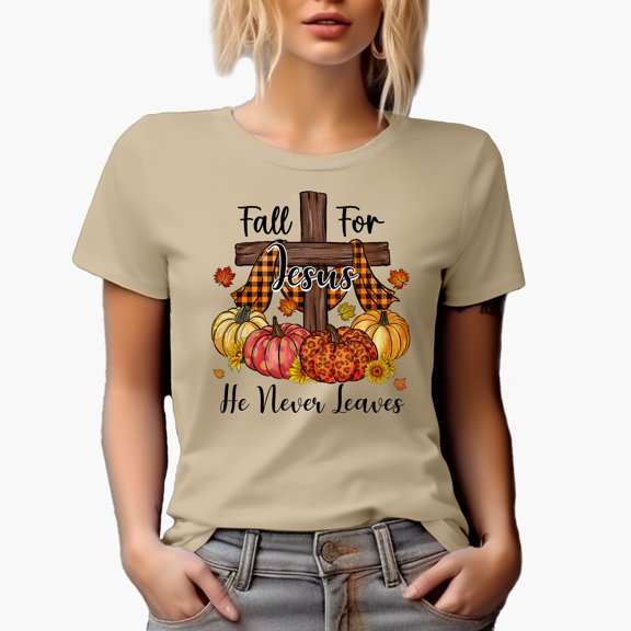 Fall for Jesus, He Never Leaves with Cross & Pumpkins, Autumn Art Merch Gift, Tan T-Shirt, Large