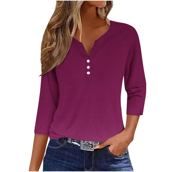 Fall gakvbuo Button Down Tunic Tops for Women Henley Shirts V-Neck Fall Tops Pullover Blouses 3/4 Sleeves Shirts for Women Plus Size Tops