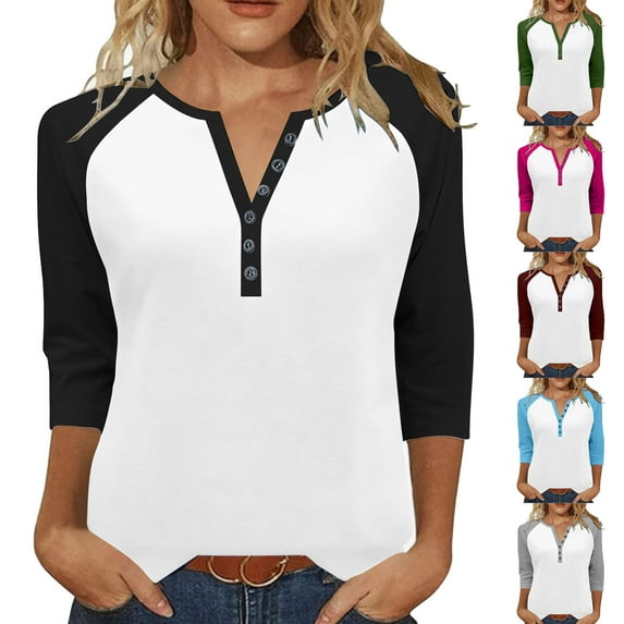 gakvbuo 3/4 Sleeve Tops Henley Shirts for Women's Tops Dressy Casual Color Block Pullover Tunic Top Blouses Button Up V-Neck Button-Down Shirts Trendy Business Work Blouses Outfit Basic Tees