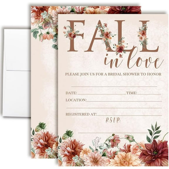 Fall in Love Bridal Shower Invitations - 20 Boho Autumn Fill In 5x7 Cards with White Envelopes - Floral Wedding Shower Invites by