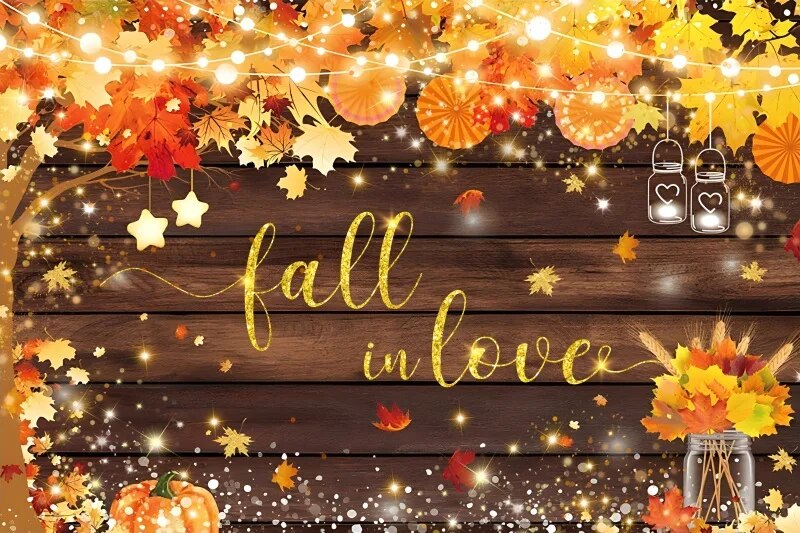 Fall in Love Photography Backdrop Autumn Maple Leaves Glitter Wood ...