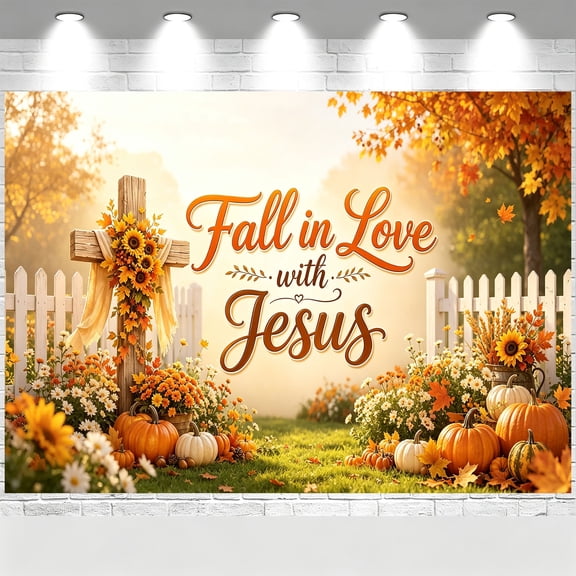 Fall in Love with Jesus Fall Backdrop Cross Golden Pumpkin Floral Banner Christian Autumn Religious Decorations Background