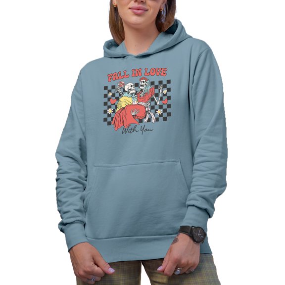 Fall in Love with You, Skeleton Couple, Retro Checkerboard, Valentine's Day Gift, Light Blue Hooded Sweatshirt or Hoodie, Small