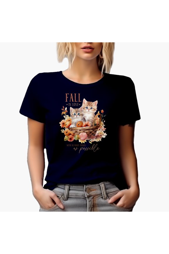 Fall in Love with as Many Things, Watercolor Kittens & Leaves Art Merch Gift, Navy Blue T-Shirt, 2XL