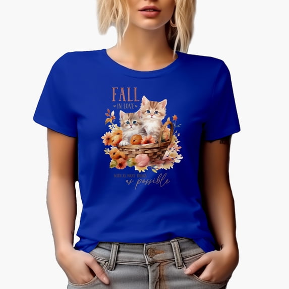 Fall in Love with as Many Things, Watercolor Kittens & Leaves Art Merch Gift, Royal Blue T-Shirt, Large