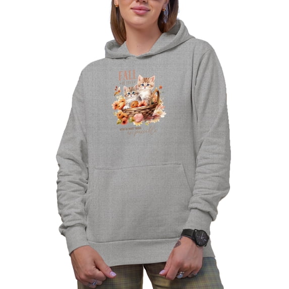 Fall in Love with as Many Things as Possible with Watercolor Kittens & Leaves Art Merch Gift, Heather Grey Hooded Sweatshirt or Hoodie, Large