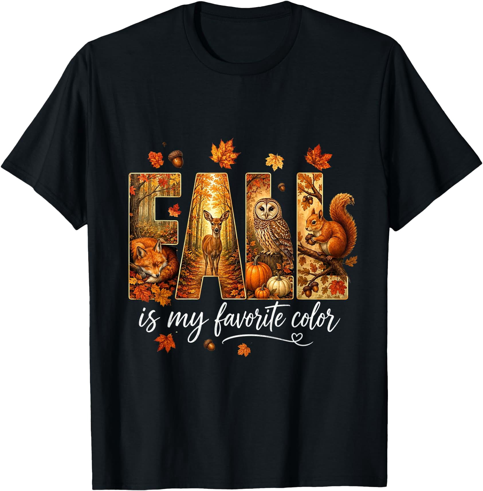 Fall is My Favorite Color Fox Deer Owl Squirrel Pumpkin T-Shirt ...