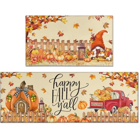 Fall kitchen Rugs Set of 2,Autumn Entrance Door Mats,Pumpkin Gnome Non-slip kitchen Mats,Anti-fatigue kitchen Floor Mats Waterproof Washable Rugs for Fall Thanksgiving Kitchen Laundry 17x30+17x47 in