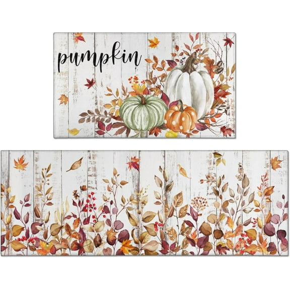 Fall kitchen rugs set of 2，Fall Kitchen Rugs Fall Entrance Door Mat Pumpkin Maple Leaf Non Slip Kitchen Rug Anti Fatigue Mats for Kitchen Floor Waterproof Washable Rug Runner for Fall Thanksgiving