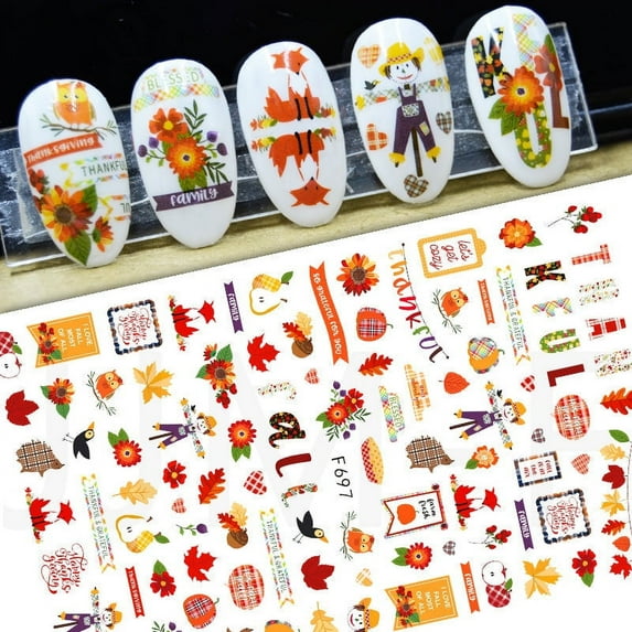 Fall nail art stickers scarecrows pumpkin pie Leaves great for Thankgiving!