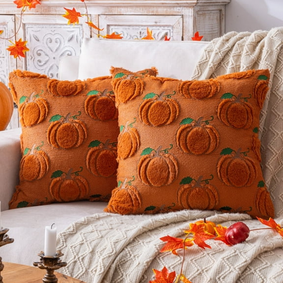 Fall Pumpkin Rust Throw Pillow Covers 18x18 Inch, Pack of 2 Decorative Autumn Pillows Cases for Halloween Holiday Decor Couch Sofa Living Room Decorations