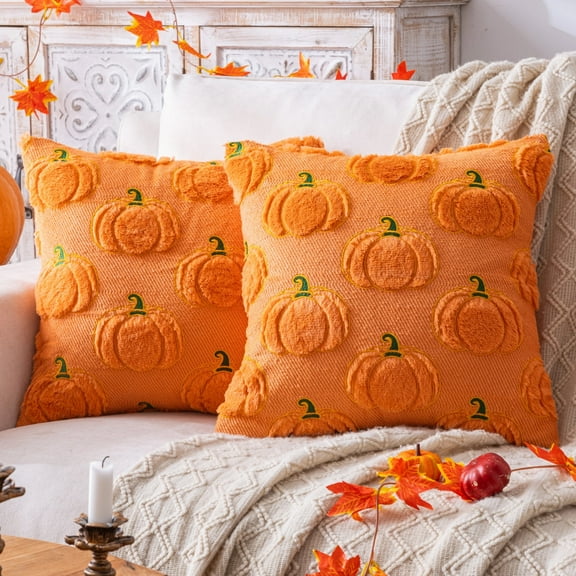 Fall Pumpkin Orange Throw Pillow Covers 18x18, Set of 2 Halloween Thanksgiving Decorations Indoor Autumn Throw Pillows for Couch Sofa Holiday Decor