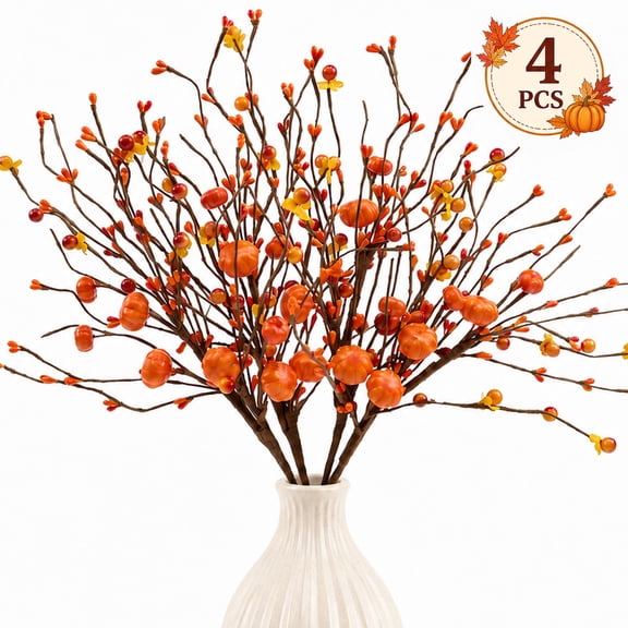 Fall Floral Picks Autumn Berry Stems for Vases Fake Fall Floral Arrangements Table Centerpiece Pumpukin Stems for Thanksgiving Harvest Decor 4Pcs